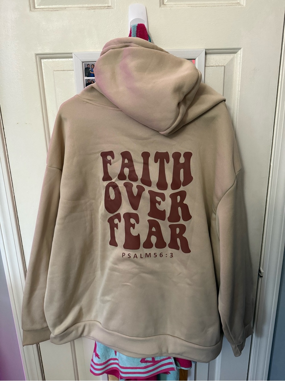 SHEIN Beige Hoodie with Maroon "Faith Over Fear" Back Print